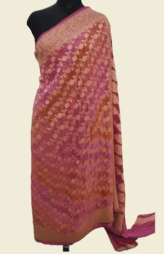 Pink and Orange Handloom Banarasi khaddi silk Saree with Gold Floral Motifs